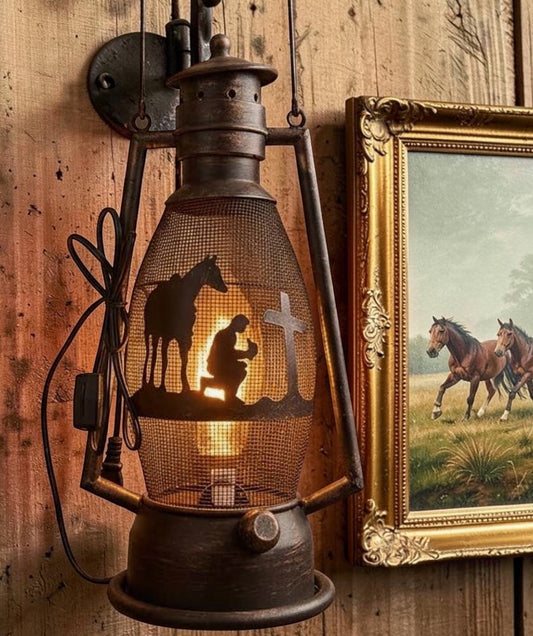 Metal Cutout Praying Cowboy Electric Lantern with Handle