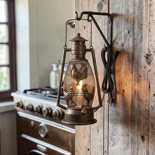 Metal Cutout Rooster Electric Lantern with Handle