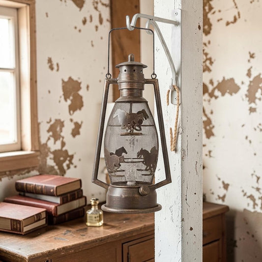 Metal Cutout Running Horses Electric Lantern with Handle