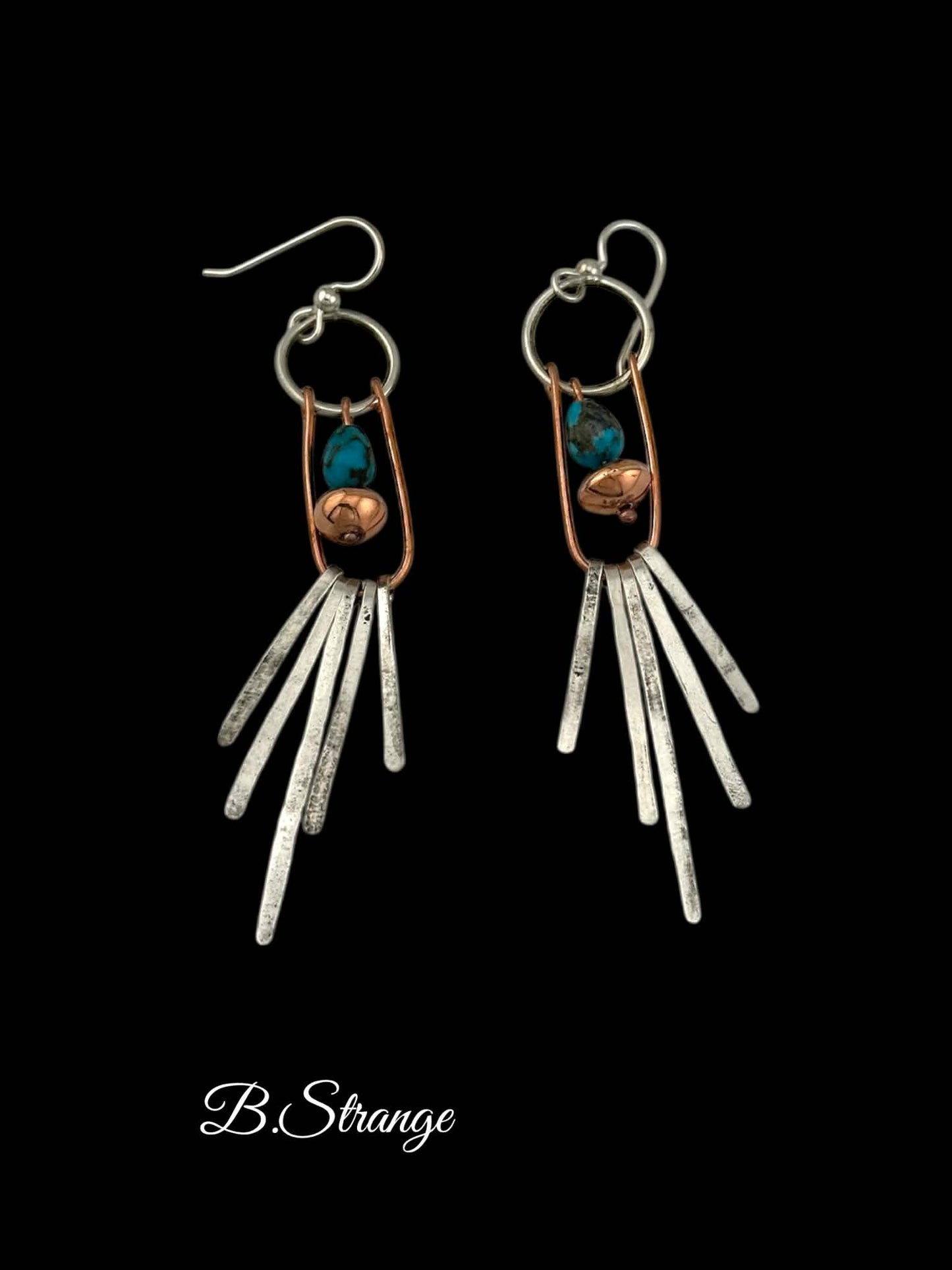 Dangle Earrings - Copper and Silver Burst with Kingman Turquoise