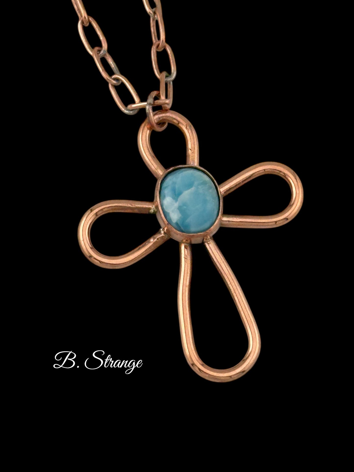 Copper cross with Larimar Center Stone
